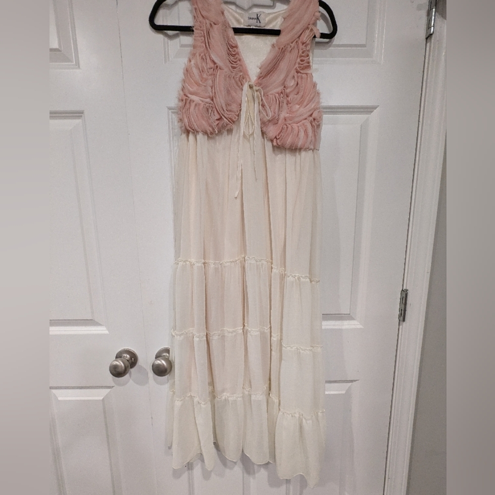 Cream Pink Ruffled Tiered Maxi Dress #147 - Picture 2 of 4